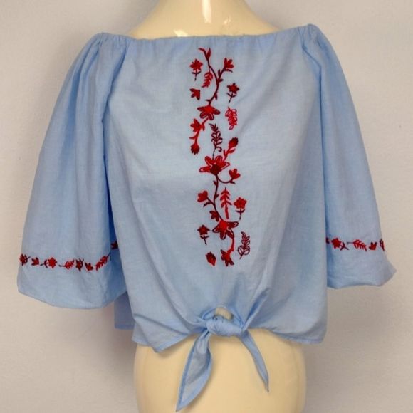 beachlunchlounge Blue Red Puff Sleeve Embroidered Off Shoulder Top Sz XS Boho - Picture 5 of 10